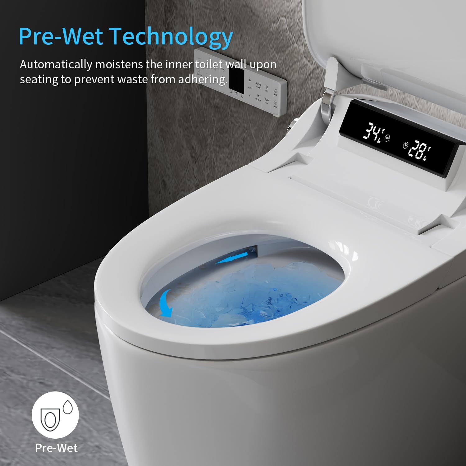 Smart Toilet Bidet with Foot Sensor Open Cover,Seat, Self Cleaning Nozzle, LED Display, Three Level Heated Seat,Airflow, Night Light, Knob Control, Soft Close, Auto Flush, with Remote Control
