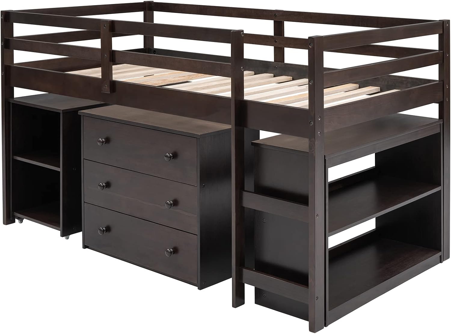 Harper & Bright Designs Wood Twin Size Loft Bed with Desk and Storage Cabinet, Low Loft Bed with Storage Drawers for Kids Teens Girls Boys, No Box Spring Needed, Space Saving, Espresso