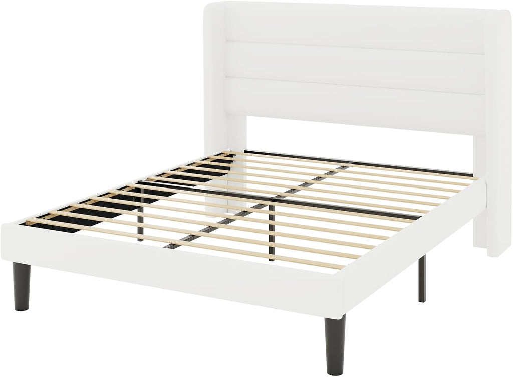 Allewie Full Size Platform Bed Frame with Velvet Upholstered Wingback Headboard, No Box Spring Needed, Under Bed Storage Space, Strong Wooden Slats, Modern Mattress Foundation, Easy Assembly, White