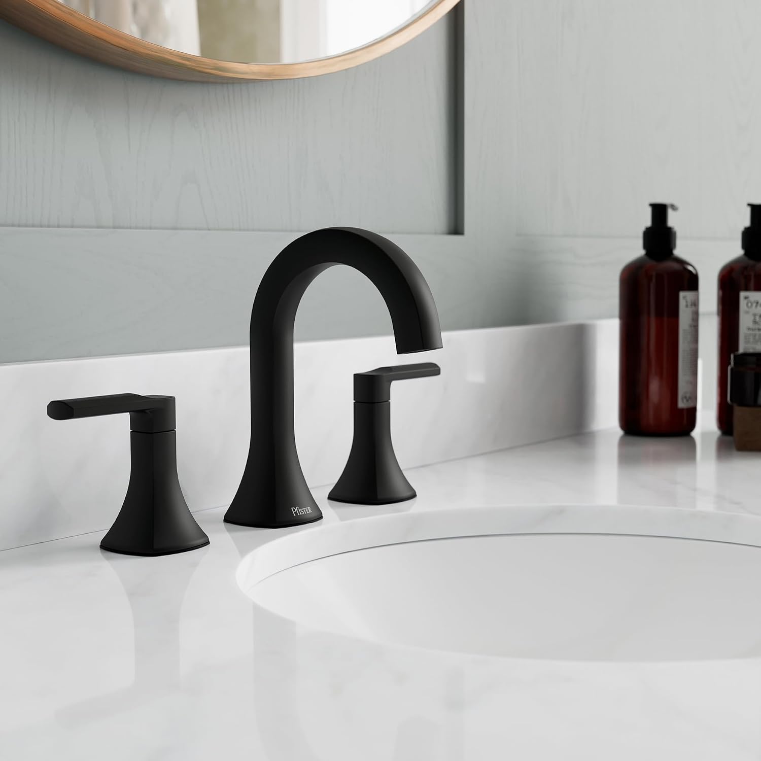 Pfister Vaneri Widespread Bathroom Sink Faucet 8 in 3 Hole 2 Handle Matte Black Finish NSF Certified Water Efficient Push & Seal Drain TiteSeal Technology LF049VRIBB
