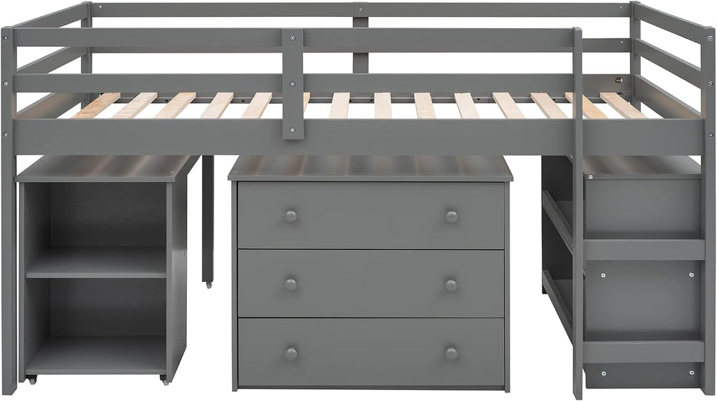 Harper & Bright Designs Twin Size Low Loft Bed with Desk and Storage Cabinet, Wooden Low Study Loft Bed with Drawers, for Kids Teens Girls Boys - Gray