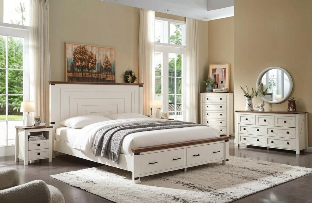 T4TREAM Farmhouse Queen Size Bed Frame with 54' Tall Geometric Headboard & 2 Large Storage Drawers, Rustic Wood Platform Bed with Wood Slats Support, No Box Spring Needed, Antique White