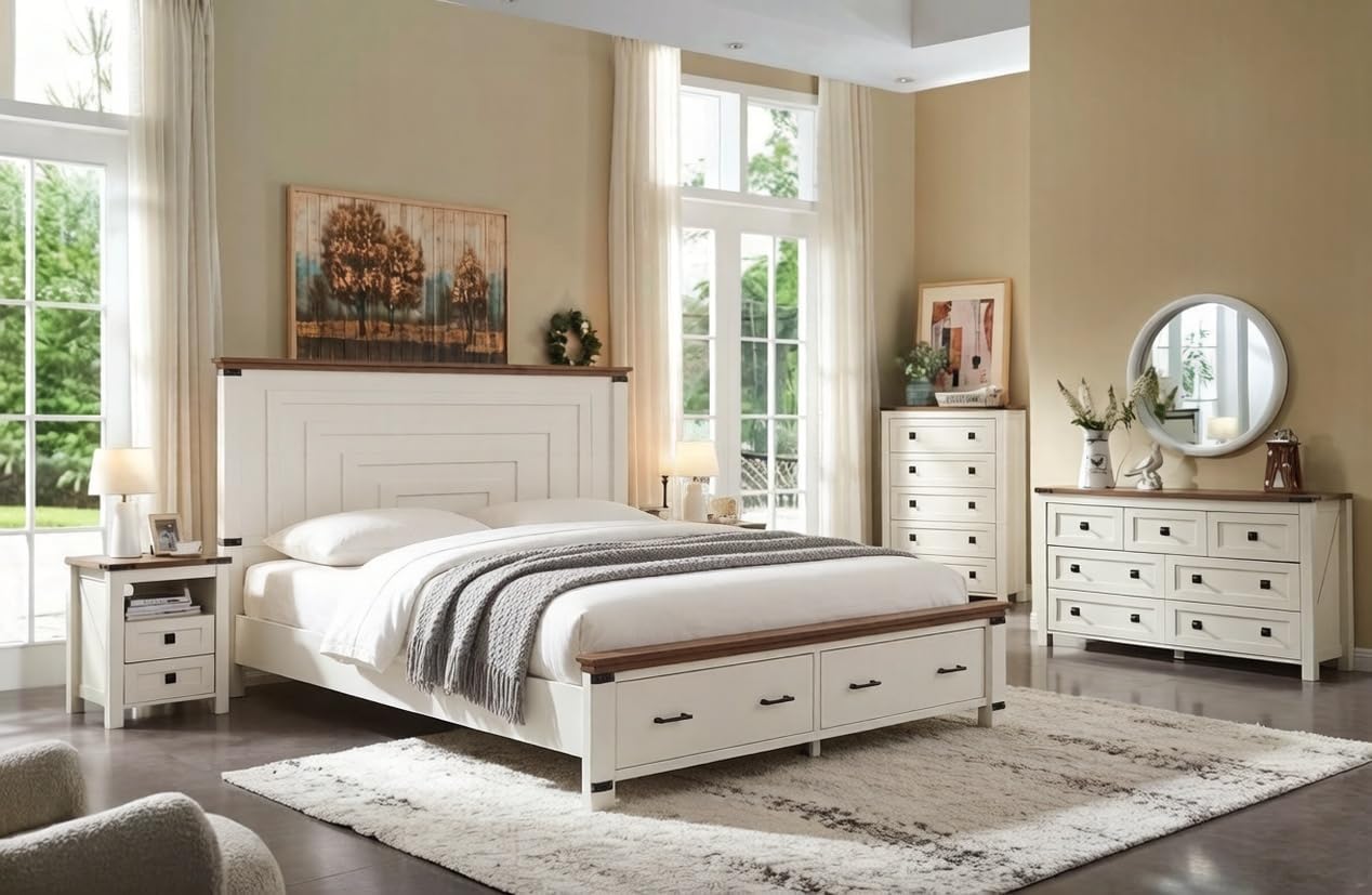 T4TREAM Farmhouse Queen Size Bed Frame with 54' Tall Geometric Headboard & 2 Large Storage Drawers, Rustic Wood Platform Bed with Wood Slats Support, No Box Spring Needed, Antique White