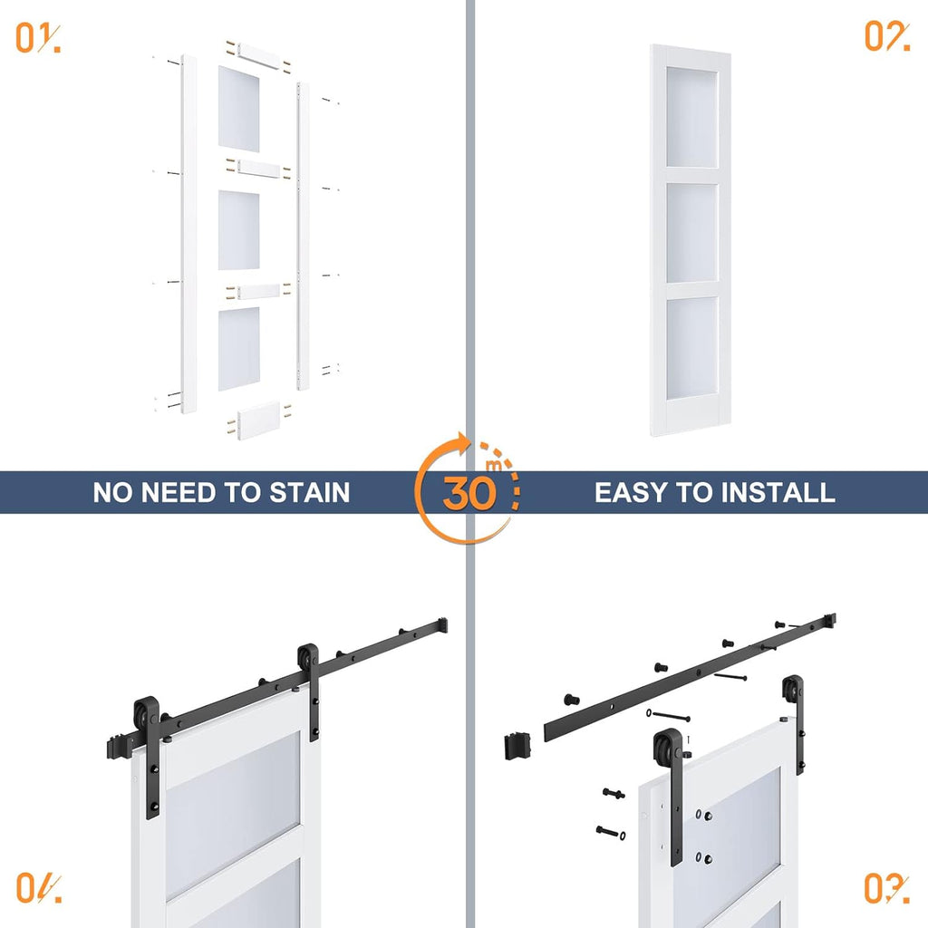 Double 21×84 Inch Glass Barn Door Slab and 7ft Hardware Kit Included, 3 Frosted Glass, LVL Wood Panel Covered with White Water-Proof Scratch-Proof PVC Surface, Simple DIY Assembly