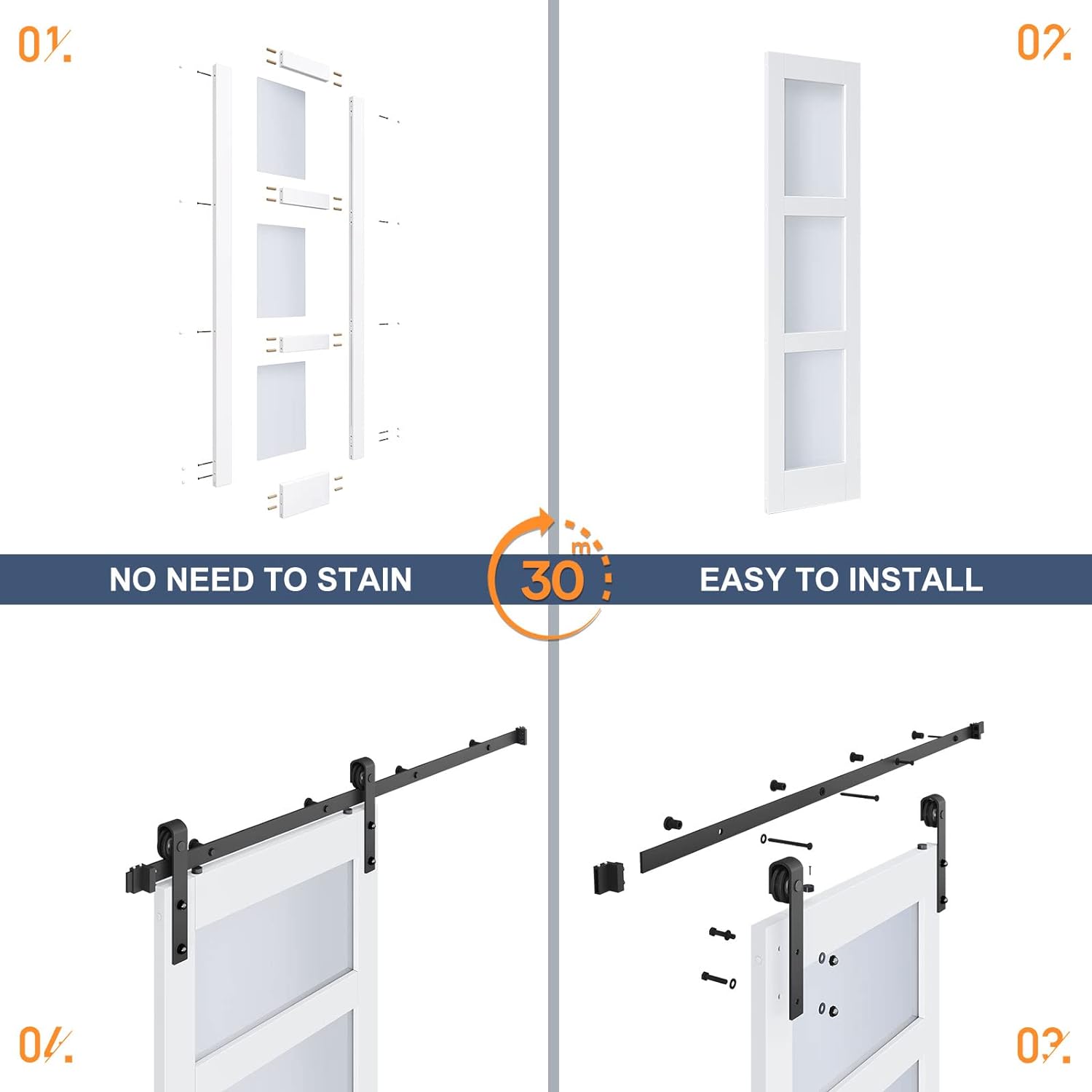 Double 21×84 Inch Glass Barn Door Slab and 7ft Hardware Kit Included, 3 Frosted Glass, LVL Wood Panel Covered with White Water-Proof Scratch-Proof PVC Surface, Simple DIY Assembly