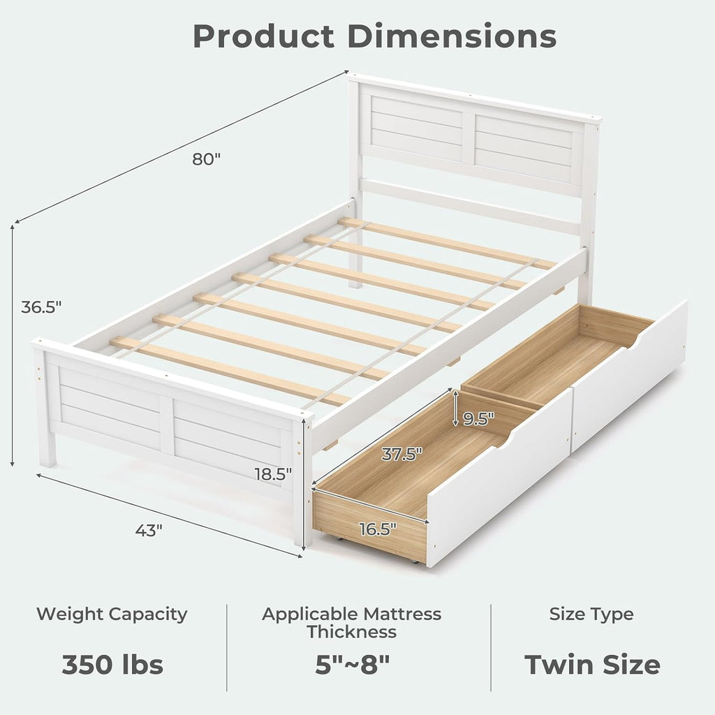 Giantex Wood Twin Bed with 2 Storage Drawers, Solid Wood Platform Bed with Headboard, Wooden Slats Support Mattress Foundation, No Spring Needed, Twin Bed Frame for Kids, Teens, Adults, White
