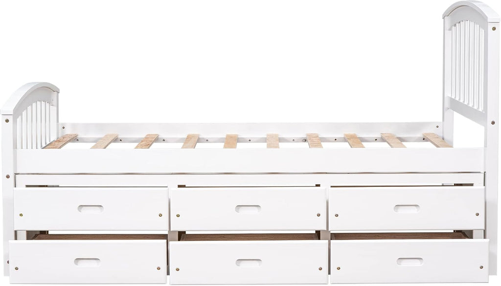 Merax Twin Size Platform Storage Bed Solid Wood Bed with 6 Drawers,White