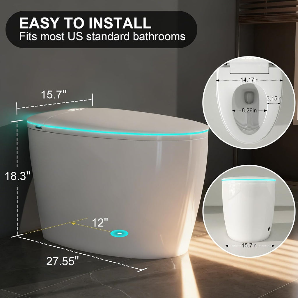Smart Toilet with Bidet Built-in, Foam Shield Anti-Splash, Auto Open/Close Lid & Flush, Tankless One Piece Elongated Toilets with Heated Seat, Instant Warm Water, Air Dryer, Foot Sensor