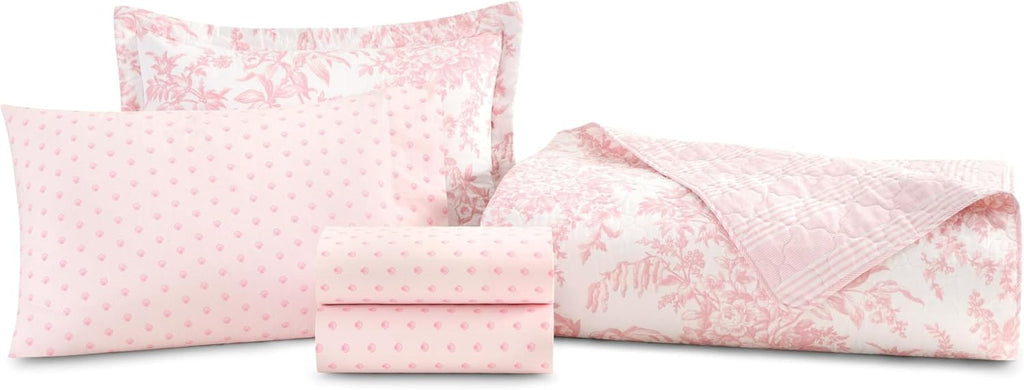 Laura Ashley - Twin Size Bedding Bundle, Reversible Quilt with Matching Pillowcases & Cotton Percale Sheet Set, Floral Bedding with a Crisp & Cool Feel (Pink)