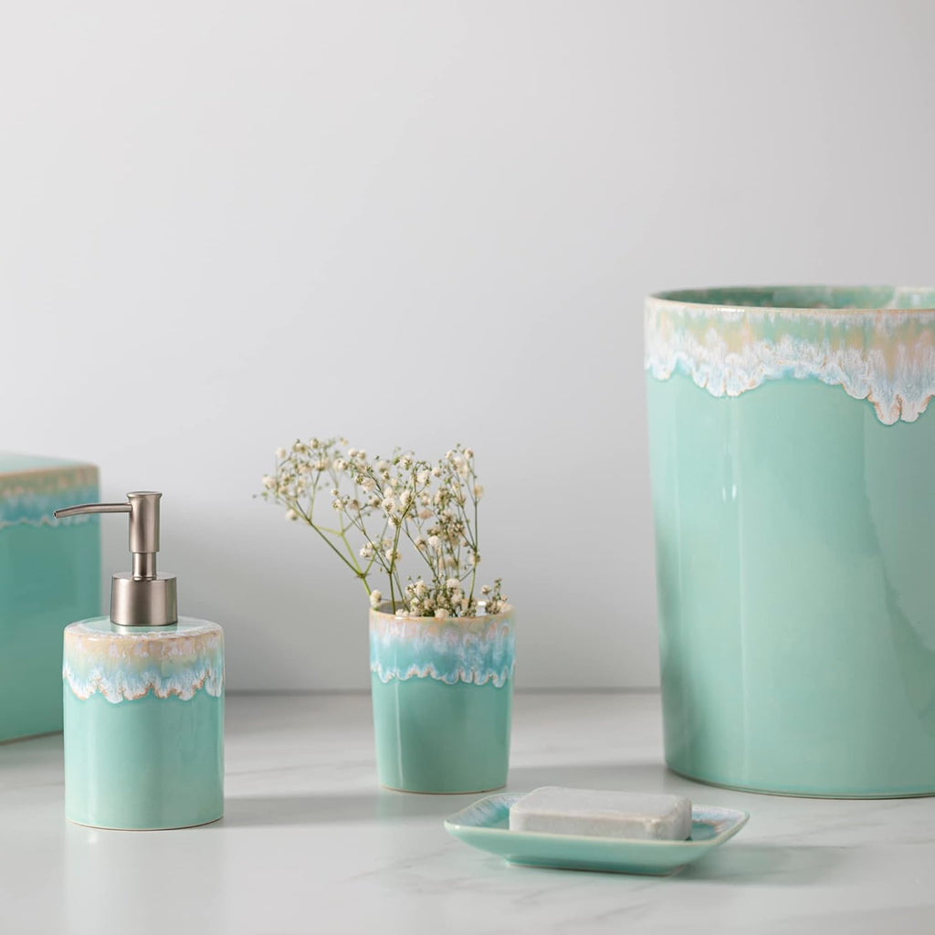 Casafina Ceramic Wastebasket Trash Can - Taormina Collection, Aqua | Stoneware Bathroom Accessories | Quality Bath Decor | 8'' x 9.75'', 203 oz.
