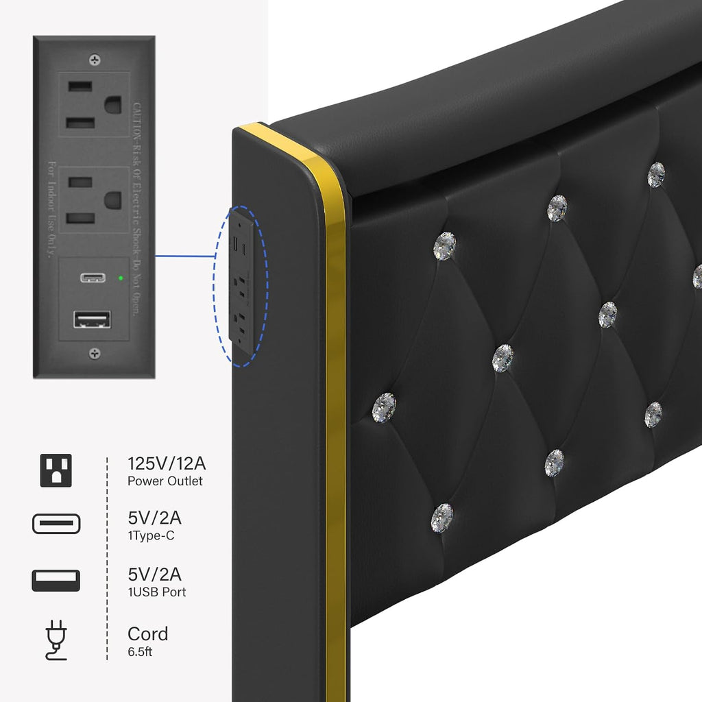 E-Motie Full Size Bed Frame with Wingback Headboard, Upholstered Platform Bed with RGB LED Lights, Charging Station, 4 Storage Drawers & Metal Slat Support, No Box Spring Needed, Black