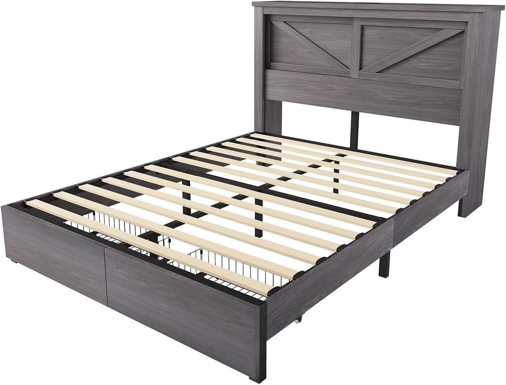 AMERLIFE 47.2' H Queen Bed Frame with Hidden Space Bookcase Headboard and Charging Station, Beds with 2 Storage Drawers and Wood Slats, No Box Spring Needed, Grey