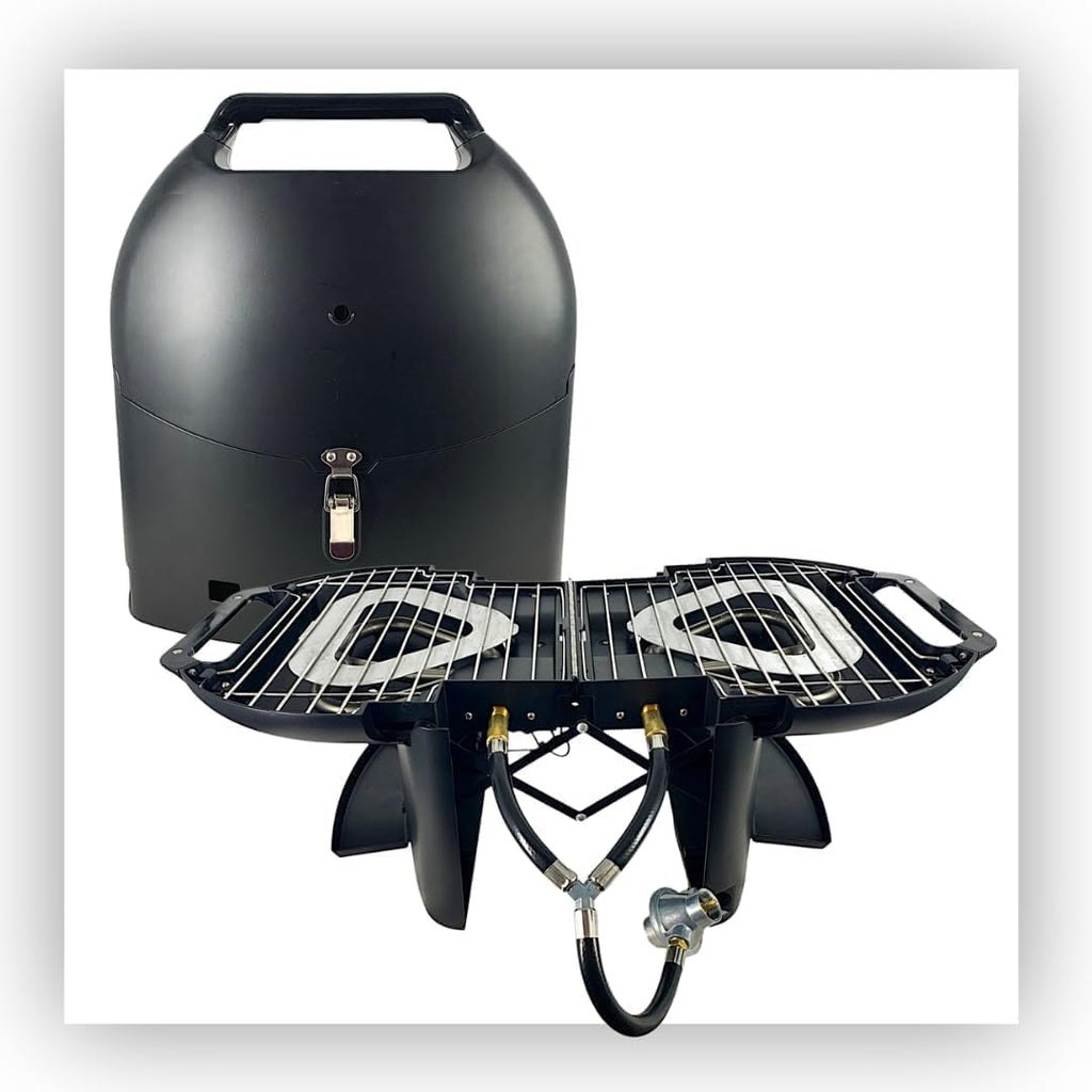 Portable Propane Grill & Griddle Combo by Freedom – Lightweight Foldable Gas Grill (16 lb), Dual Burners 9,200 BTU, Electric Ignition, Tote Included – Ideal for Camping, RV, Tailgating