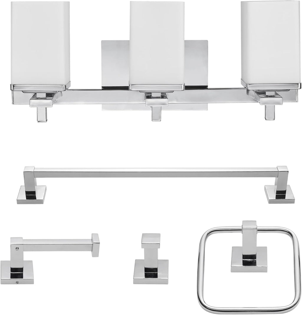 Globe Electric 59221 Finn 5-Piece All-in-One Bath Set, 3-Light Vanity, Bar, Towel Ring, Robe Hook, Toilet Paper Holder, Polished Chrome