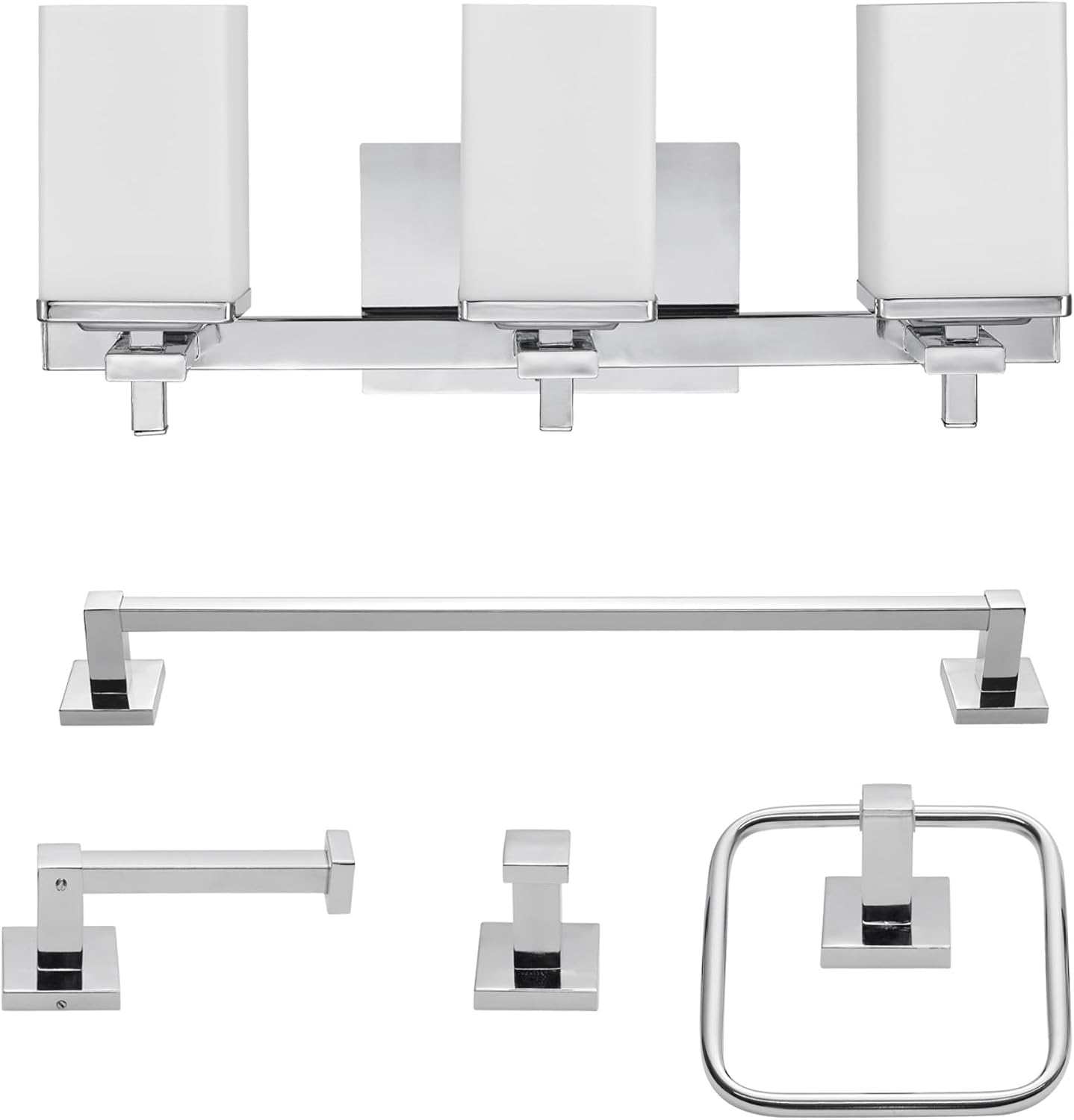 Globe Electric 59221 Finn 5-Piece All-in-One Bath Set, 3-Light Vanity, Bar, Towel Ring, Robe Hook, Toilet Paper Holder, Polished Chrome