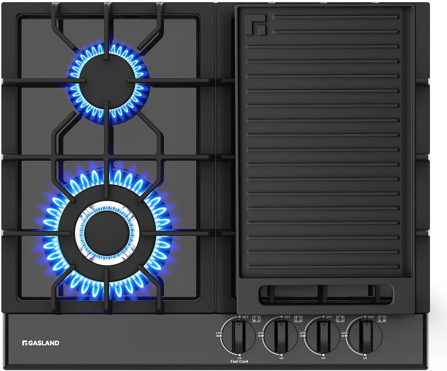 GASLAND 24 Inch Gas Cooktop with Griddle 4 Burners, GH60EF Drop-in Propane Stove Top with Thermocouple Protection, LPG/NG Convertible Dual Fuel Natural Gas Hob, Black