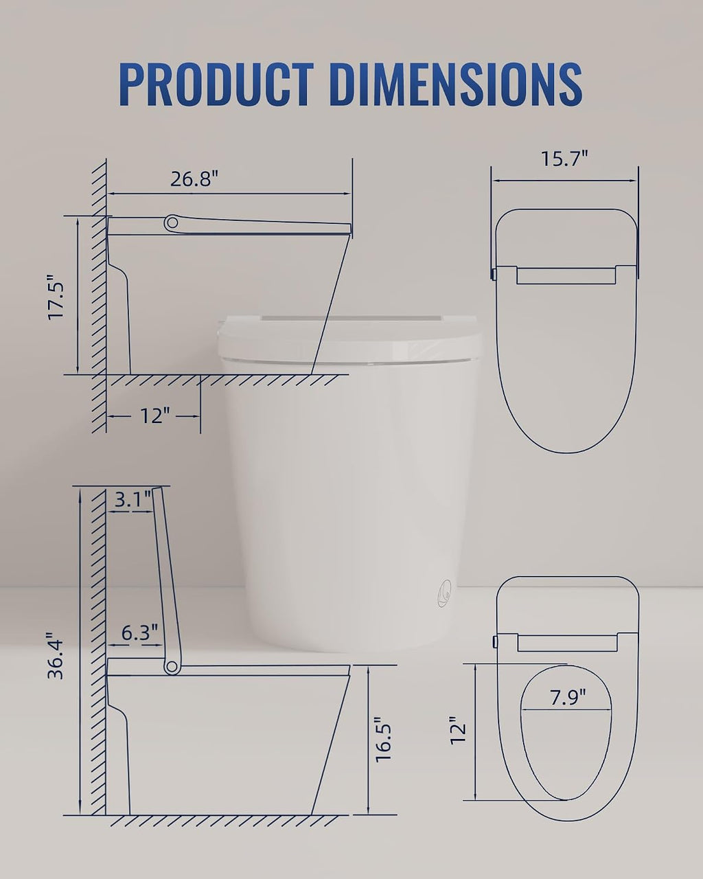 LW Smart Toilet without Bidet, One Piece Elongated Modern Toilets for Bathrooms, Built-in Electric Pump & Water Tank, Heated Seat, Auto Flush, Foot Sensing Flush, Night Light, Blackout Flush, White