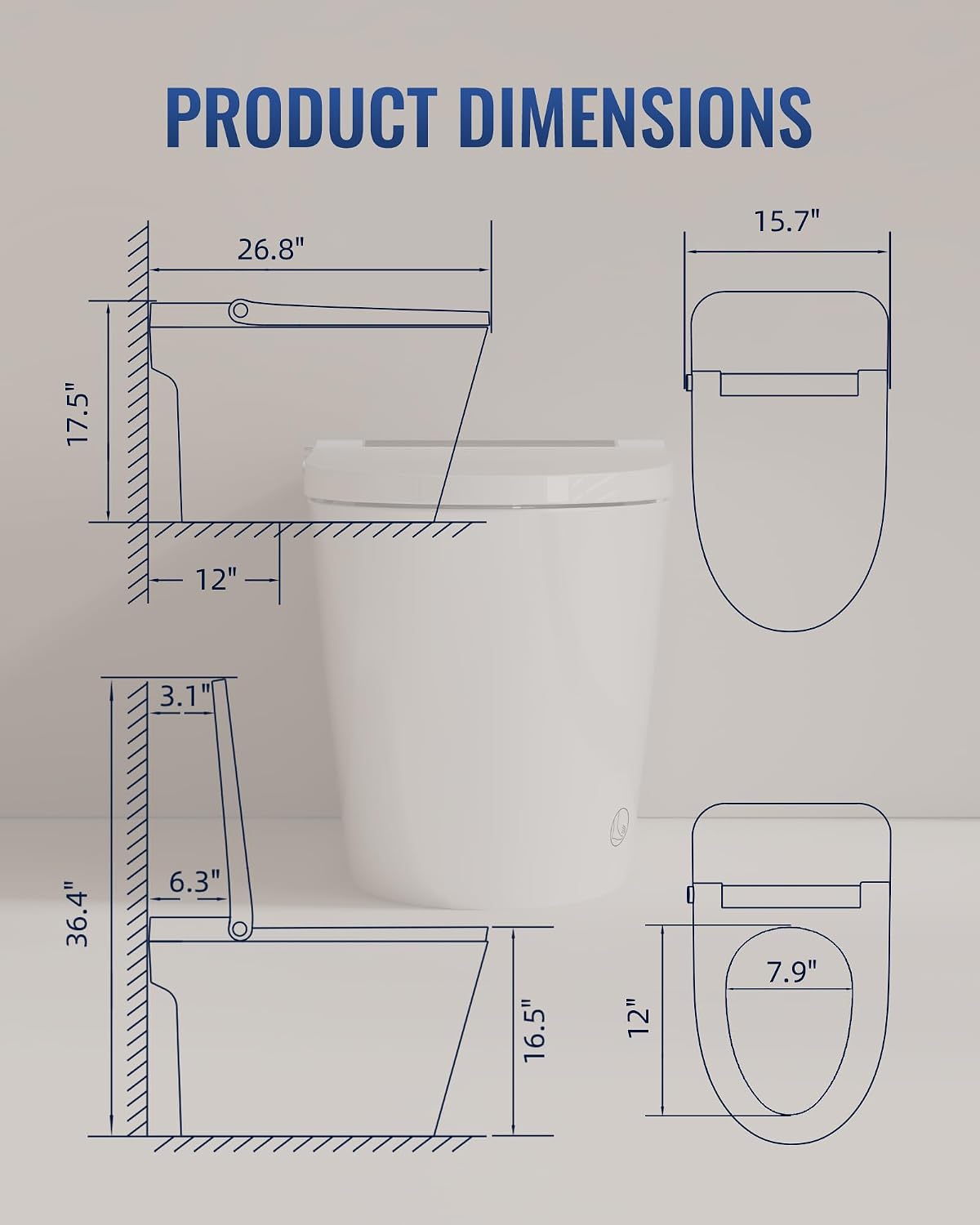 LW Smart Toilet without Bidet, One Piece Elongated Modern Toilets for Bathrooms, Built-in Electric Pump & Water Tank, Heated Seat, Auto Flush, Foot Sensing Flush, Night Light, Blackout Flush, White
