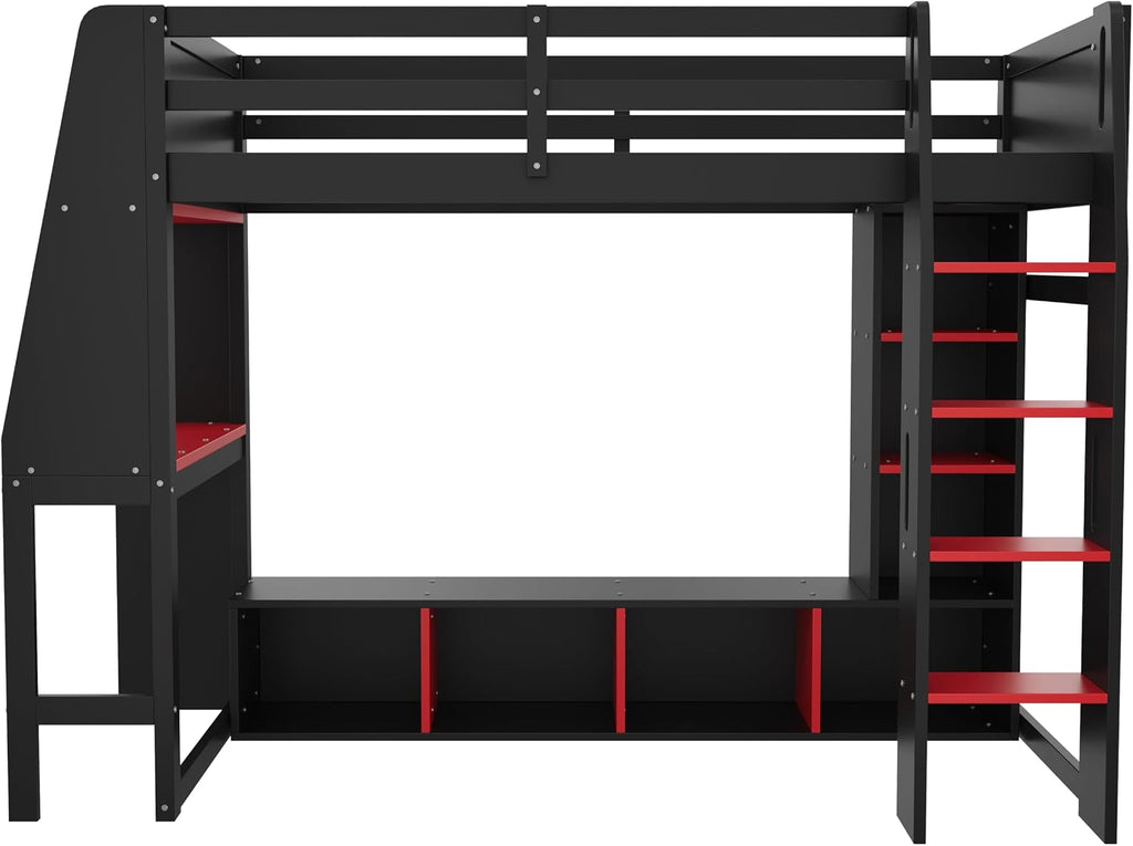 Harper & Bright Designs Twin Size Loft Bed with Gaming Desk,Storage Shelves,LED Light and Hanging Rack,Solid Wood Loft Bed Frame with Under-Bed Space,Esports Design for PC & Console Gamers,Black