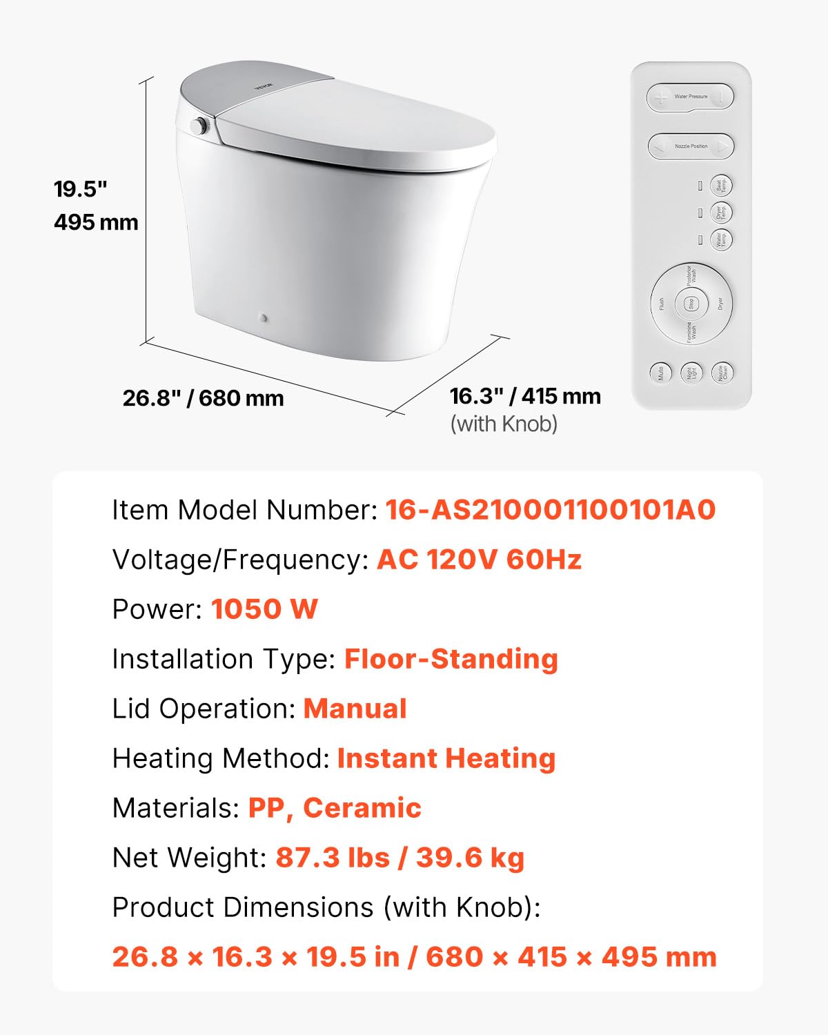VEVOR Smart Toilet, One Piece Toilet with Bidet Built in, Foot Sensor Operation, Warm Water Sprayer & Air Drying,Easy Operated Toilet with Remote Control, Heated Seat with LED Display