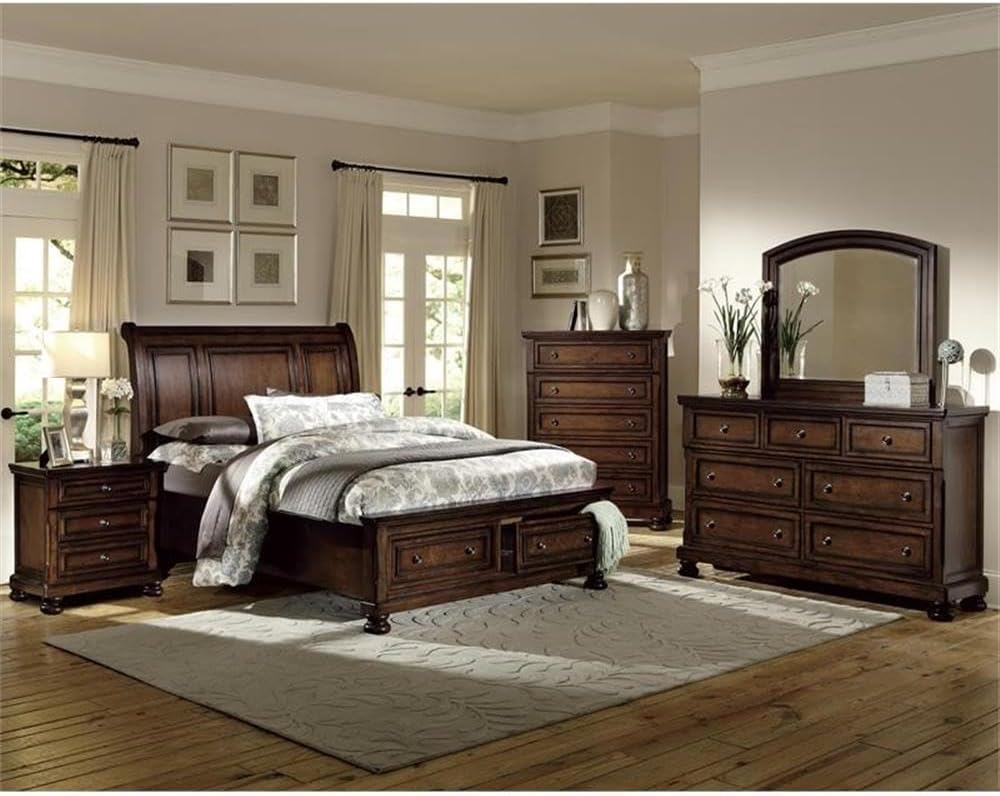 Pemberly Row Eastern King Sleigh Bed, Wood and Birch Veneer, Brown Cherry Finish, 2 Footboard Drawers, 57' H x 80.75' W x 96.75' D, Classic Transitional Style Bedroom Furniture