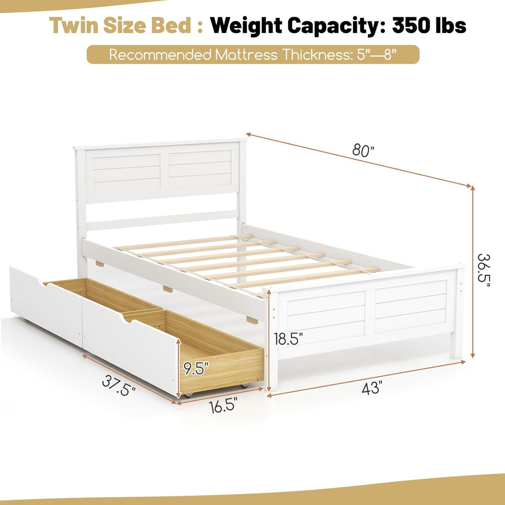 GOFLAME Twin Size Bed Frame with 2 Drawers, Platform Bed with Solid Wood Headboard & Footboard, Wood Slats Support Mattress Foundation, Under Bed Storage, No Box Spring Needed, Easy Assembly, White