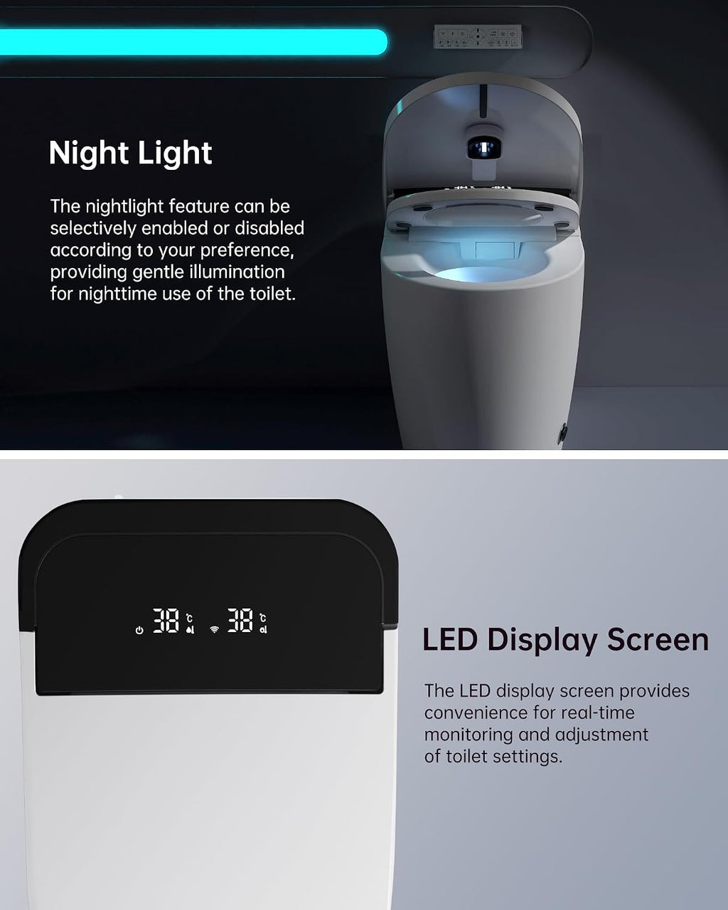Smart Toilet,One Piece Bidet Toilet for Bathroom with Auto Open & Close Lid and Seat,Warm Water and Dry,Heated Seat,Foot Sensor and Night Light, Auto Flush