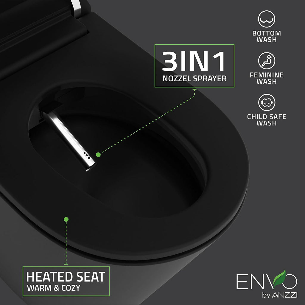 ANZZI Echo Smart Bidet Toilet Elongated One-Piece 1.28 GPF Matte Black with Auto Open Close, Auto Flush, Voice and WiFi Control, Heated Seat, Warm Water Wash, Remote Control | TL-ST950WIFI-MB