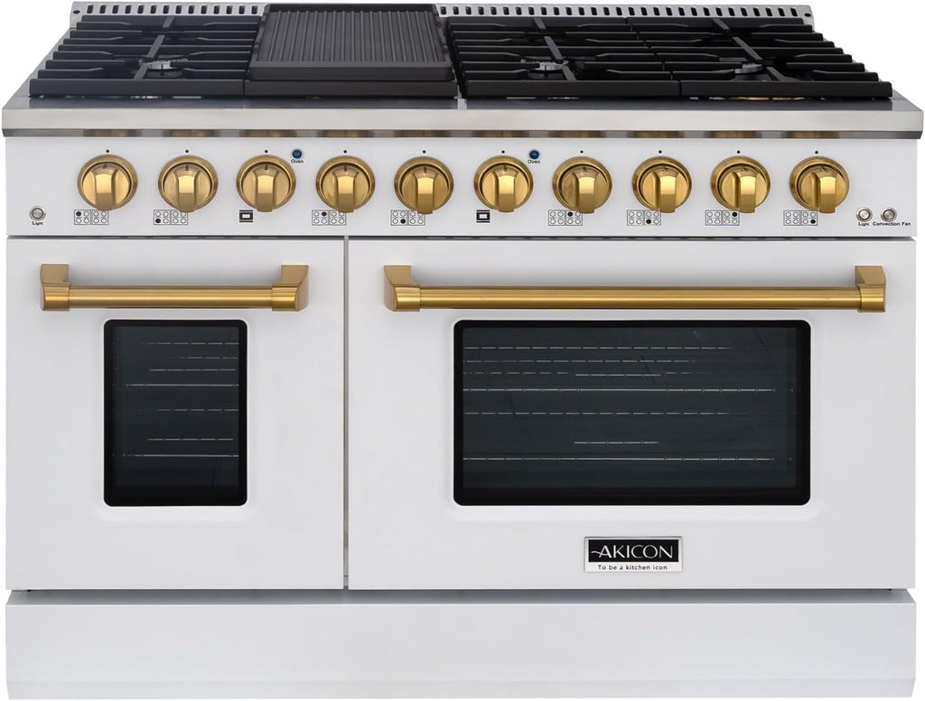 Akicon 48 Inch Freestanding Double Rapid Convection Gas Range - 6.7 cu. ft. Oven - 8 Sealed Burners & Griddle, Heavy Duty Cast Iron Grates (White & Gold)