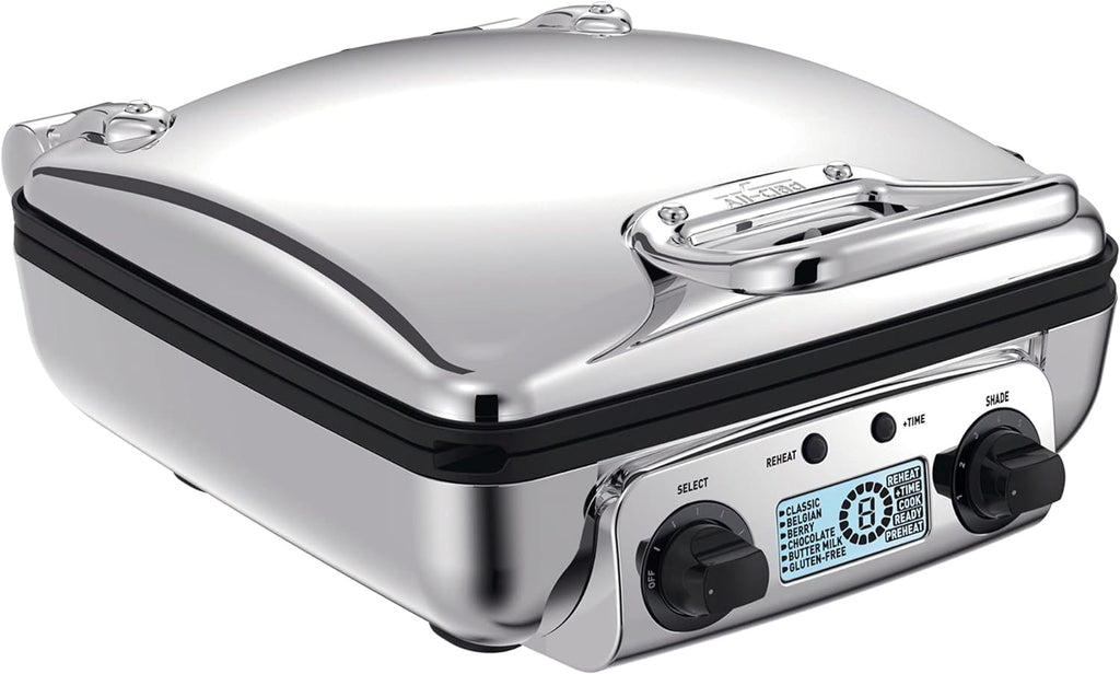 All-Clad Electric Stainless Steel Waffle Maker 4 slice, Digital screen and audible beep alert 7 Browning Levels, Square, Belgium Waffle, Removable Plates, Dishwasher Safe Silver
