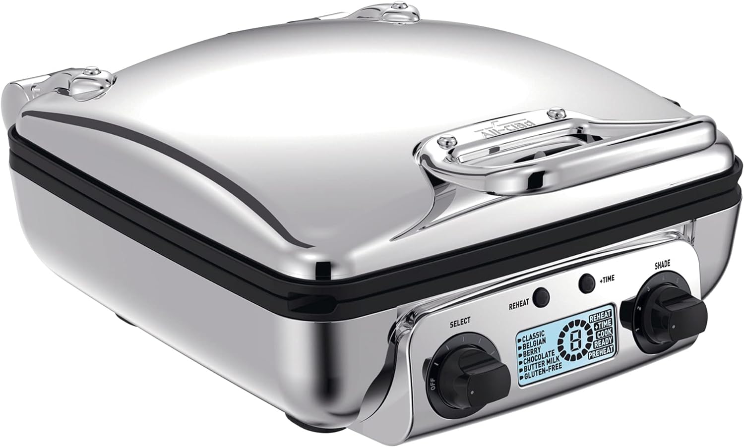 All-Clad Electric Stainless Steel Waffle Maker 4 slice, Digital screen and audible beep alert 7 Browning Levels, Square, Belgium Waffle, Removable Plates, Dishwasher Safe Silver