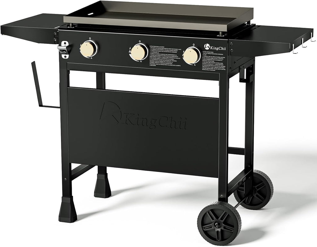 KingChii 28' 3-Burner Griddle with Counter Height Side Shelves, Powder Coated Steel, Black