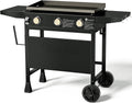 KingChii 28' 3-Burner Griddle with Counter Height Side Shelves, Powder Coated Steel, Black