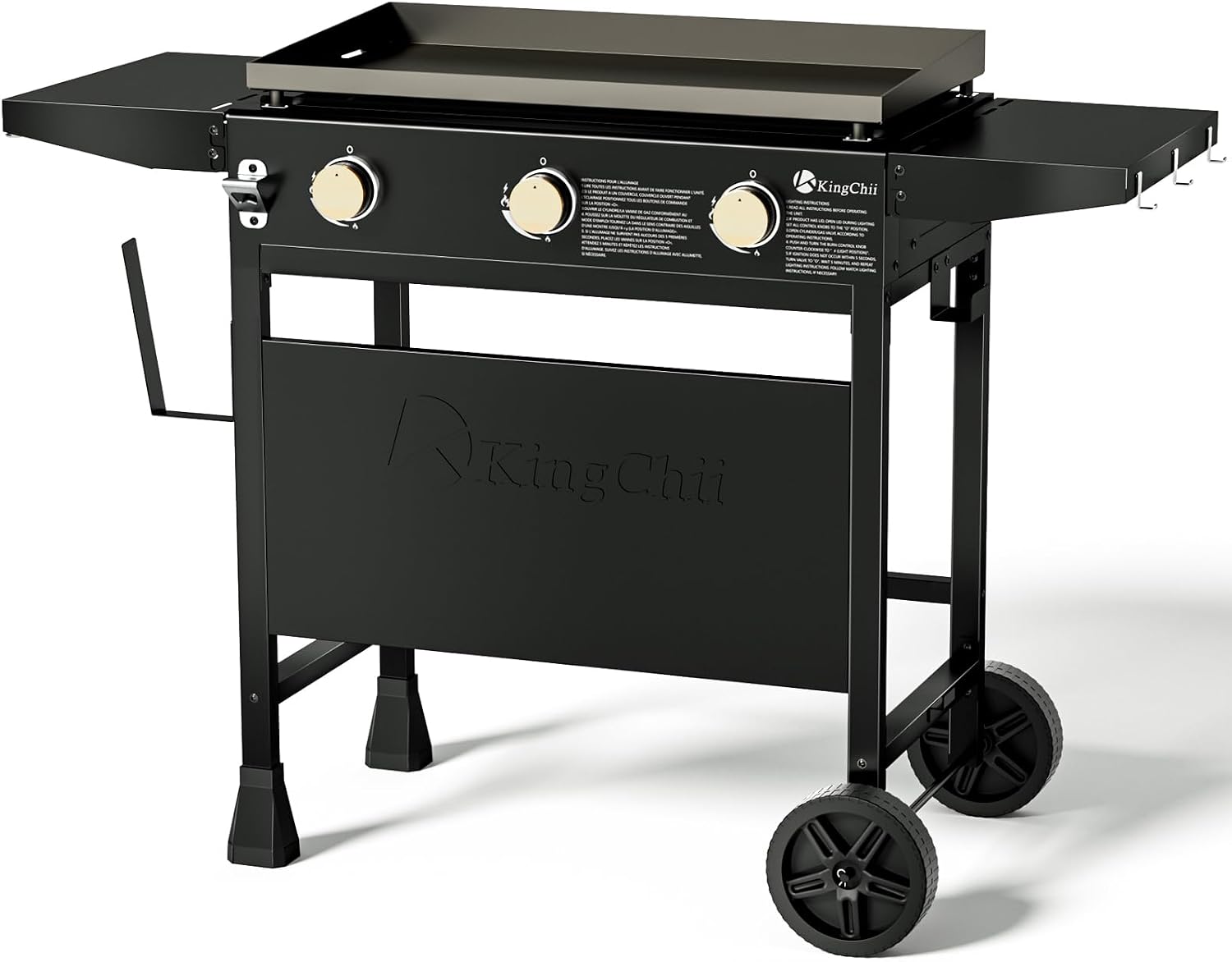 KingChii 28' 3-Burner Griddle with Counter Height Side Shelves, Powder Coated Steel, Black