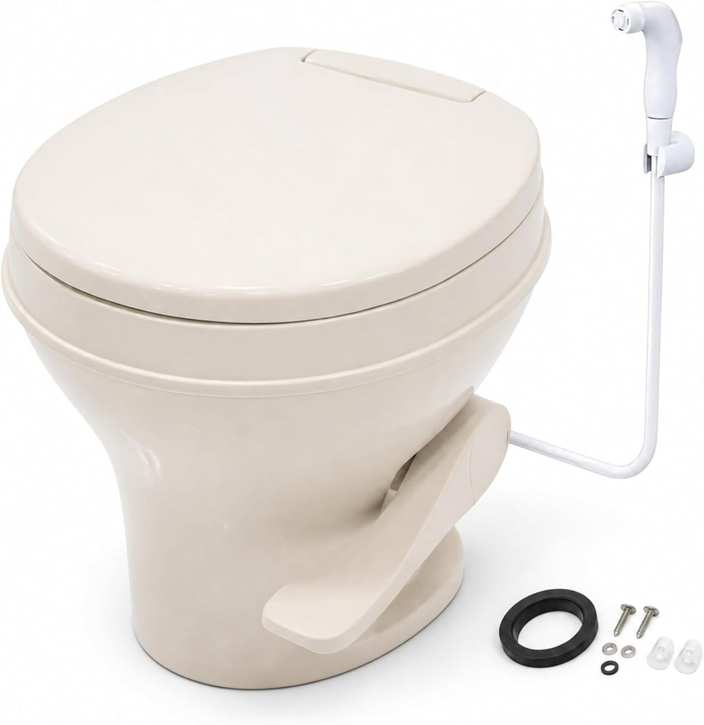 SEAFLO Residential Height Bone Camper/RV Toilet with Sprayer Attachment, 18.5' Standard Height, Gravity Flush System, Pedal Operation, Soft Close Seat, 4-Year Warranty (Bone W/Sprayer Attachment)