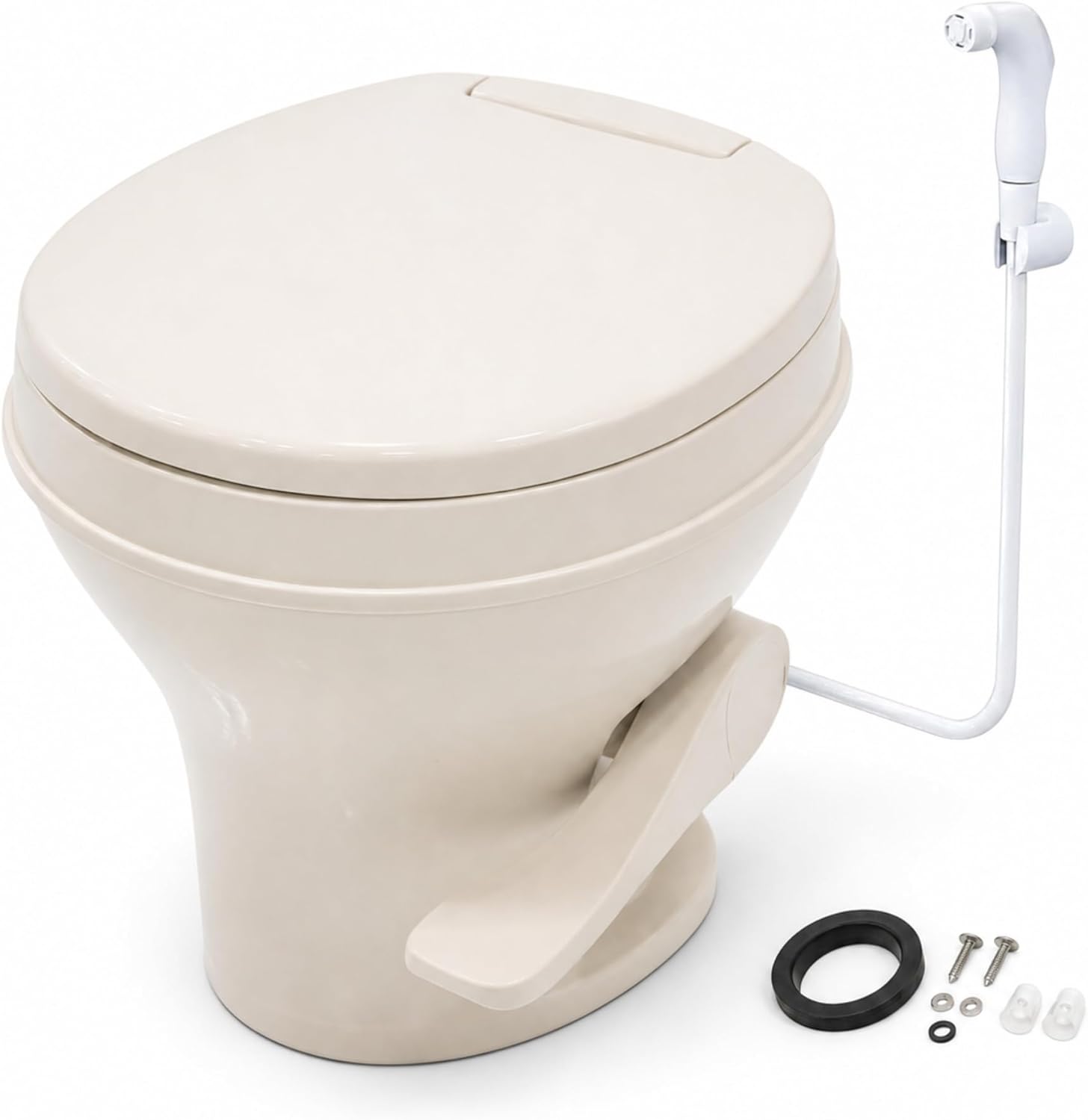 SEAFLO Residential Height Bone Camper/RV Toilet with Sprayer Attachment, 18.5' Standard Height, Gravity Flush System, Pedal Operation, Soft Close Seat, 4-Year Warranty (Bone W/Sprayer Attachment)