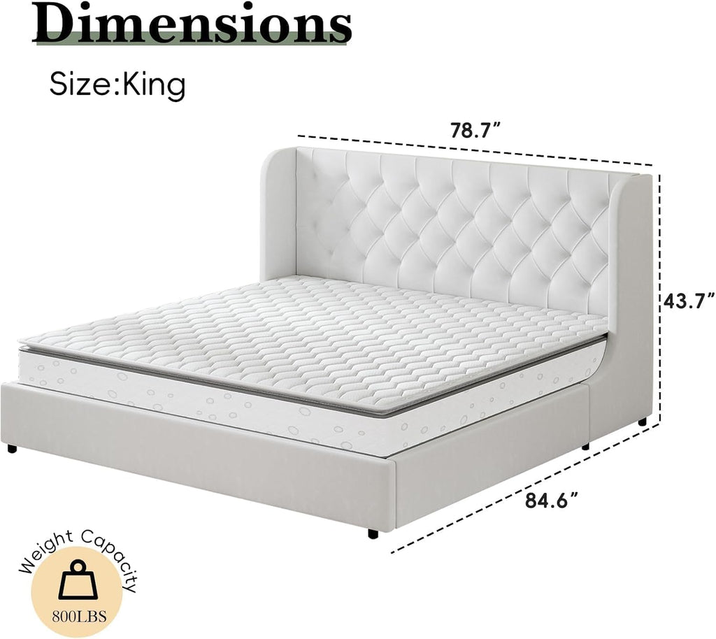 HOMBCK White King Size Bed Frame, Velvet Upholstered Platform Bed Frame with Headboard, Curved Wingback Design, Wooden Slats, No Box Spring, Noise Free, Easy Assembly