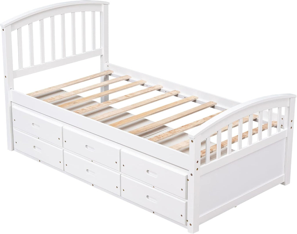 Merax Twin Size Platform Storage Bed Solid Wood Bed with 6 Drawers,White