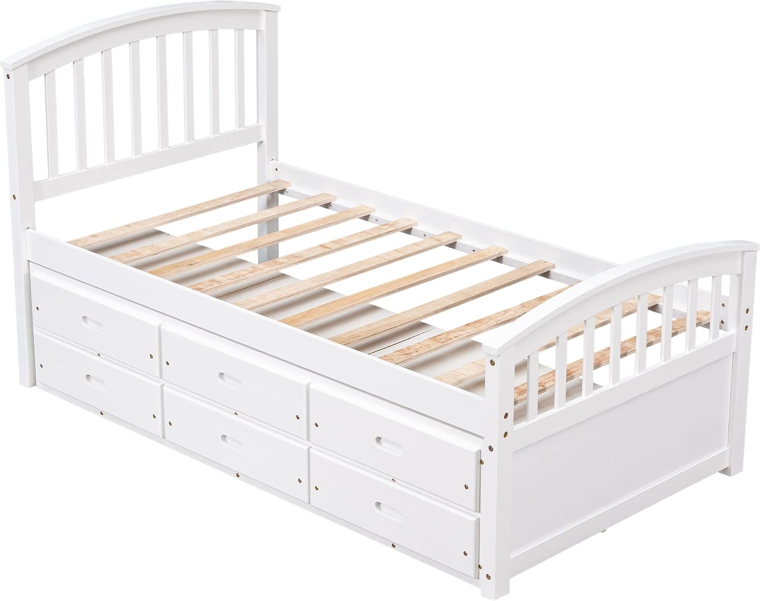 Merax Twin Size Platform Storage Bed Solid Wood Bed with 6 Drawers,White