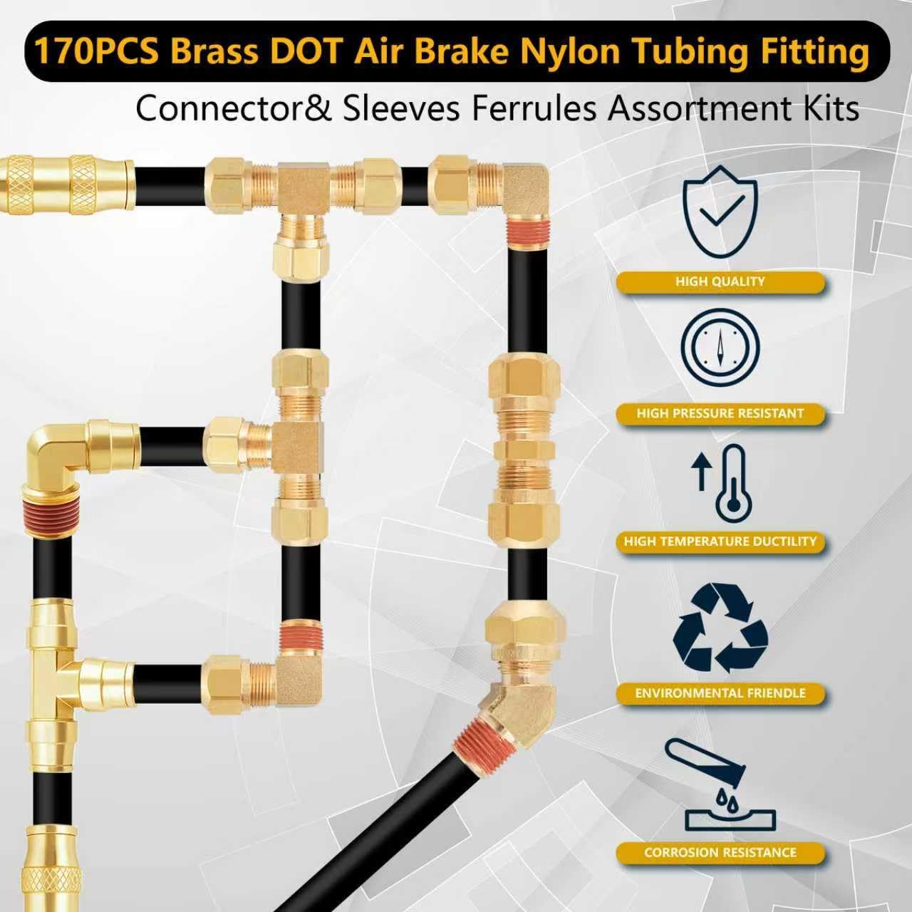 170Pcs DOT Air Brake Line Fittings & Brass Air Nylon Tube Compression Fittings Assortment Kits,1/4' 1/8' 3/8' 1/2' NPT Push To Connect Fittings Quick Connect Air Hose Fittings for Truck or Air System