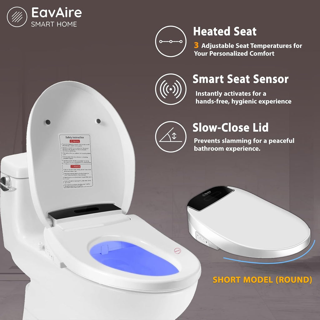 Electric Smart Toilet Seat Bidet with Slow Close Lid Cover, Instant Heated Seat, LCD, Adjustable Water Pressure & Temperature, Dual Positions, Self-Cleaning Nozzle, Night Light- Round