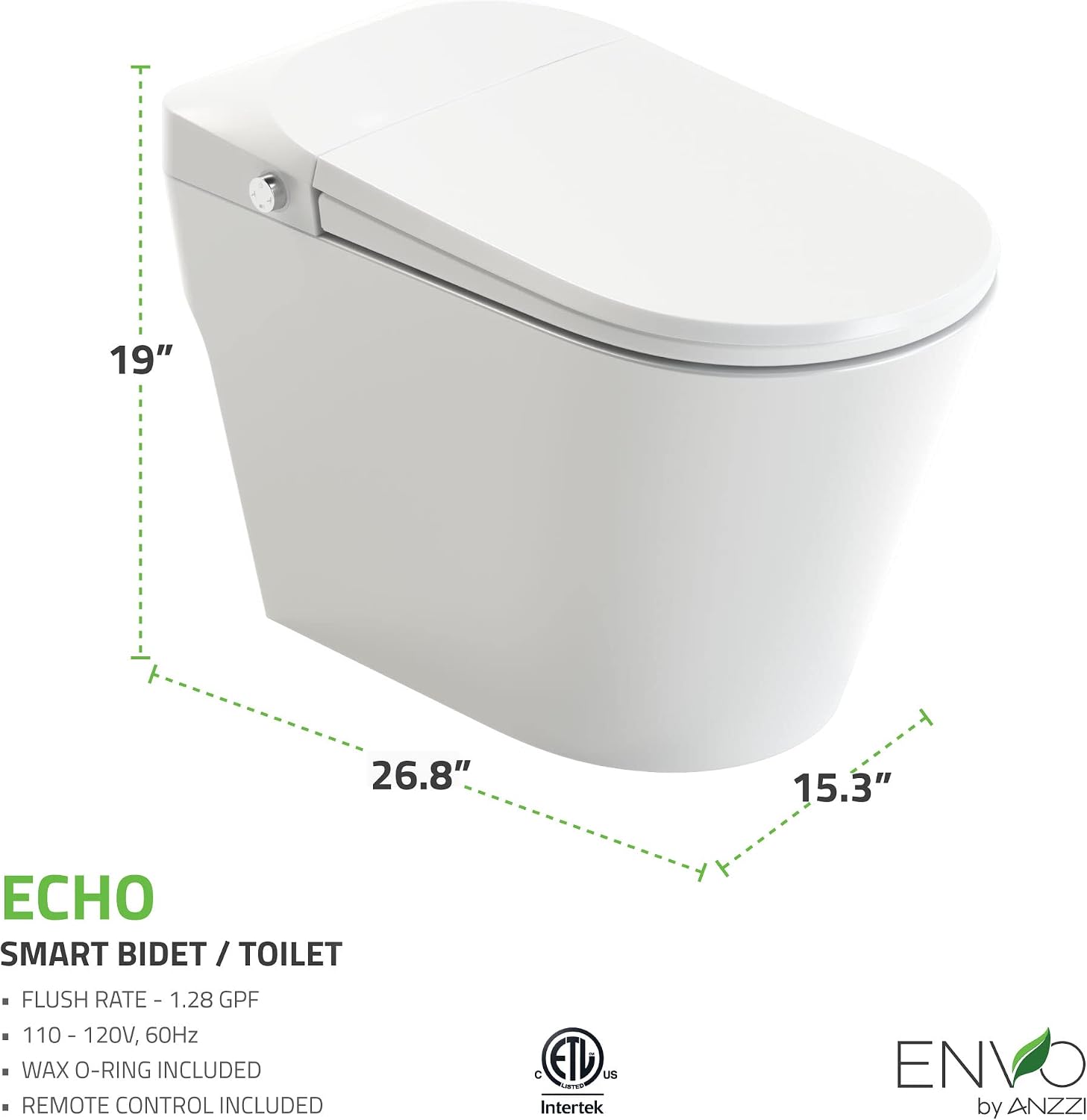 ANZZI One-Piece Smart Toilet Bidet Elongated 1.28 GPF White with Auto Open Close Flush, Heated Seat, Warm Water Wash, Motion Sensor, Remote Control, Foot Sensor, UV Nozzle Echo Series | TL-STFF950WH