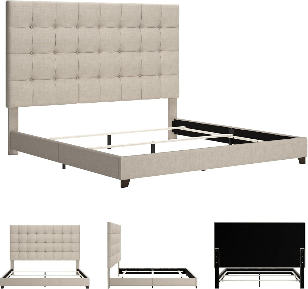 Signature Design by Ashley Dolante Modern Farmhouse Button-Tufted Upholstered Platform Bed, King, Beige