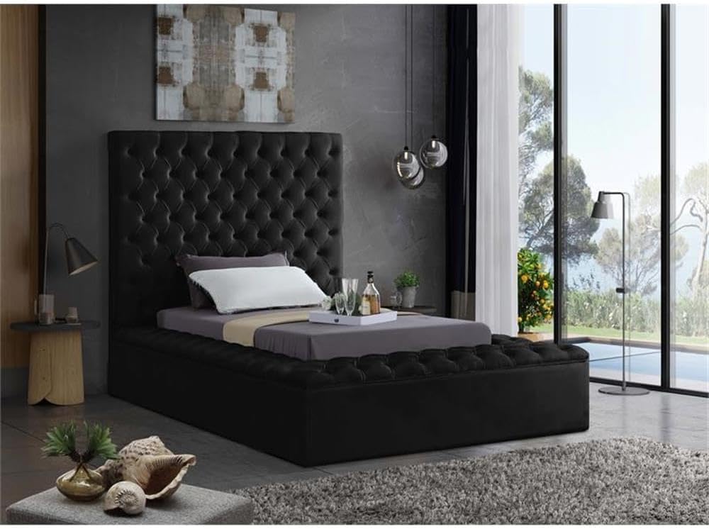 Pemberly Row Modern Solid Wood Tufted Velvet Twin Bed, Black Fabric, Deep Tufted Upholstery, Storage Rails and Footboard, Full Slats, No Box Spring Needed, 60.5' Headboard, Contemporary Bedroom