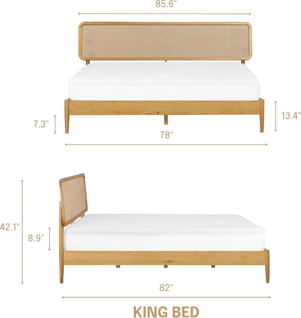 NTC Lupin Wooden Bed Frame with Headboard, Solid Oak and Rubber Wood Foundation with Silent Slats and Wood Central Supports, 1000 Lb Capacity (Rustic Oak, King)