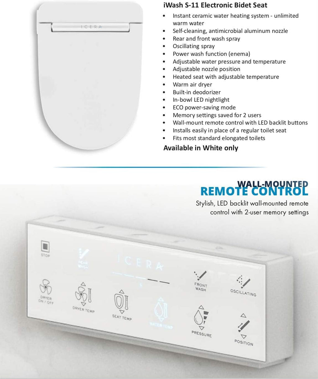 Icera S-11.01 iWash S-11 Elongated Bidet Seat White