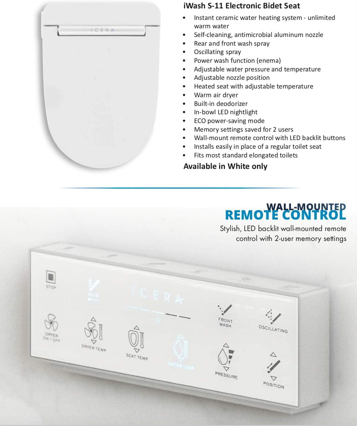 Icera S-11.01 iWash S-11 Elongated Bidet Seat White