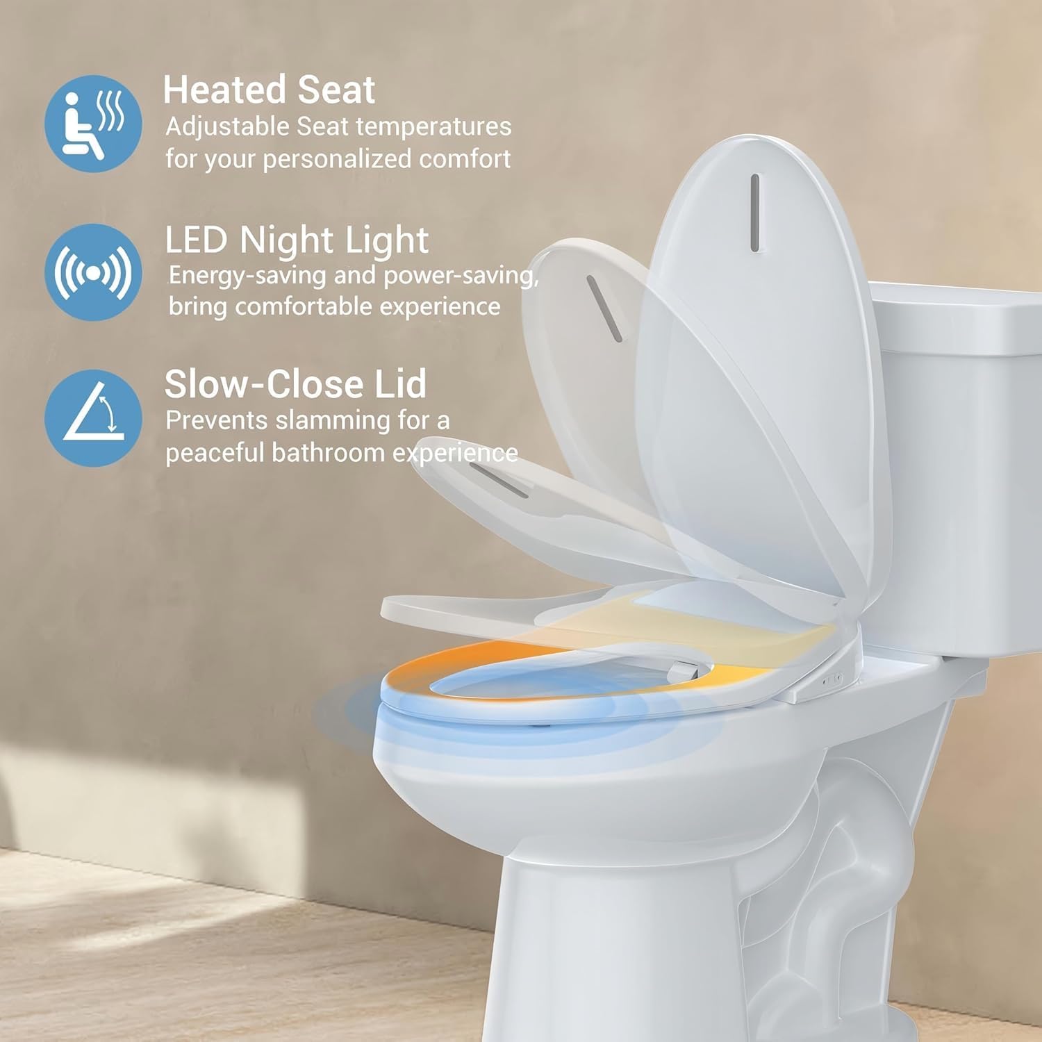 Electric Bidet Toilet Seat, Elongated Smart Toilet Seat with Heated Seat & Warm Water, Bidet Toilet Attachment with Self-Cleaning Nozzles, Slow Close Lid, Night Light, Easy Installation