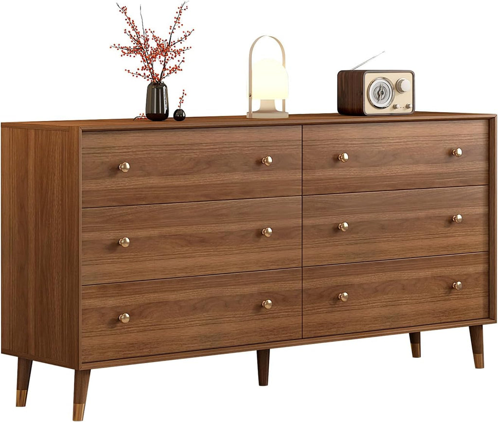 Messenya 6 Drawer Dresser for Bedroom, 55 Inch Walnut Dresser for Closet, Mid Century Wood Chest of Drawers with Natural Texture & Pre-Embedded Slots for TV Stand, Living Room, Hallway, Office