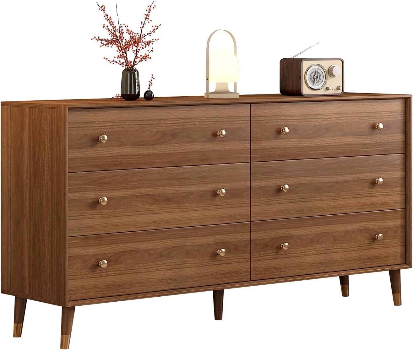 Messenya 6 Drawer Dresser for Bedroom, 55 Inch Walnut Dresser for Closet, Mid Century Wood Chest of Drawers with Natural Texture & Pre-Embedded Slots for TV Stand, Living Room, Hallway, Office